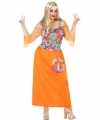 Grote maat oranje hippie flower power verkleed jurkje goedkoop voor dames